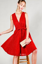 Red V-Neck Sleeveless Tie Waist Metalic Mini Dress