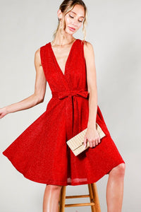 Red V-Neck Sleeveless Tie Waist Metalic Mini Dress