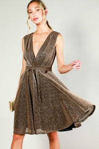Bronze V-Neck Sleeveless Tie Waist Metalic Mini Dress