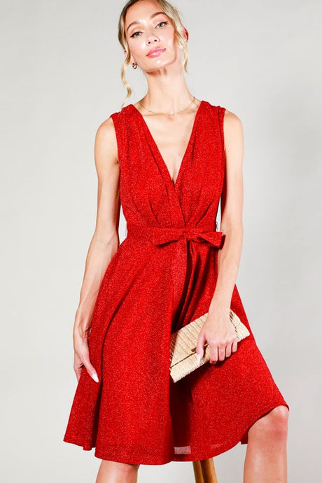 Red V-Neck Sleeveless Tie Waist Metalic Mini Dress