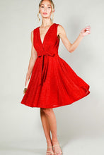 Red V-Neck Sleeveless Tie Waist Metalic Mini Dress