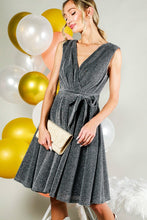 Black V-Neck Sleeveless Tie Waist Metalic Mini Dress