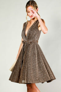 Bronze V-Neck Sleeveless Tie Waist Metalic Mini Dress