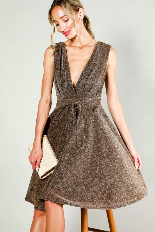 Bronze V-Neck Sleeveless Tie Waist Metalic Mini Dress