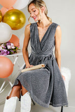 Black V-Neck Sleeveless Tie Waist Metalic Mini Dress