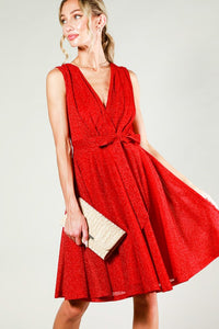 Red V-Neck Sleeveless Tie Waist Metalic Mini Dress