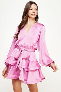 Lilac Pink Tiered Satin Mini Dress