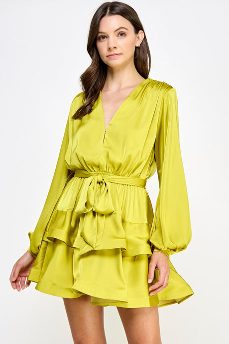 Chartreuse Tiered Satin Mini Dress