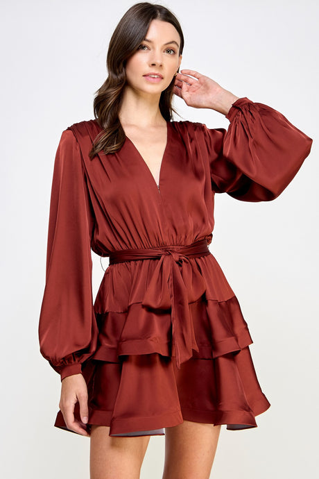 Sable Brown Tiered Satin Mini Dress