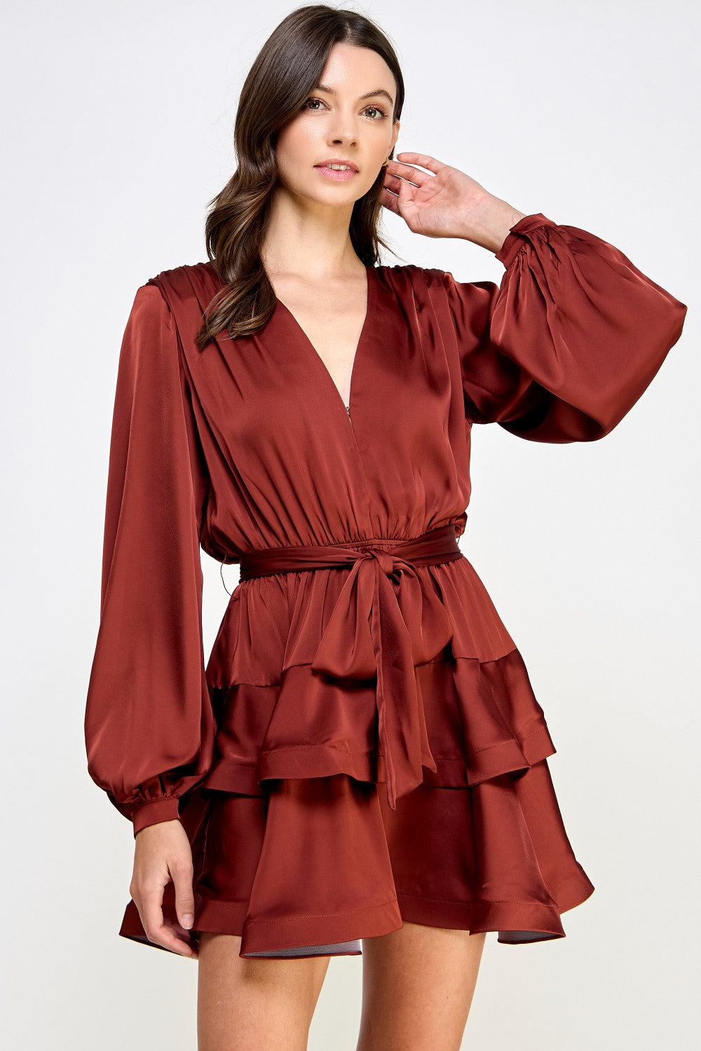 Sable Brown Tiered Satin Mini Dress