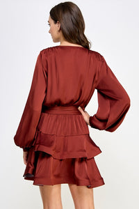 Sable Brown Tiered Satin Mini Dress