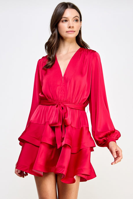 Cherry Tiered Satin Mini Dress