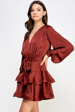 Sable Brown Tiered Satin Mini Dress