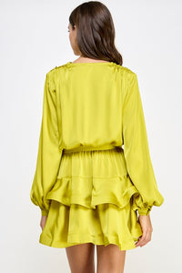 Chartreuse Tiered Satin Mini Dress