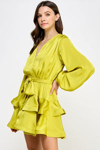 Chartreuse Tiered Satin Mini Dress
