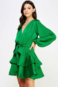 Emerald Tiered Satin Mini Dress