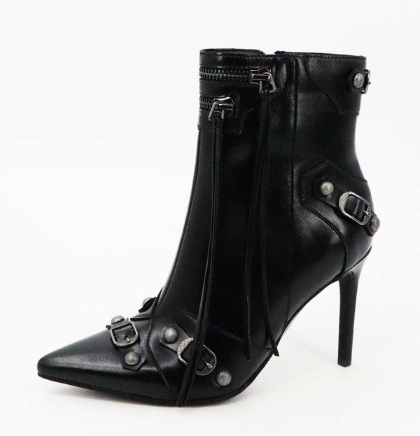 Blkopu Bamboo Metal Studded Zipper Tassel Booties