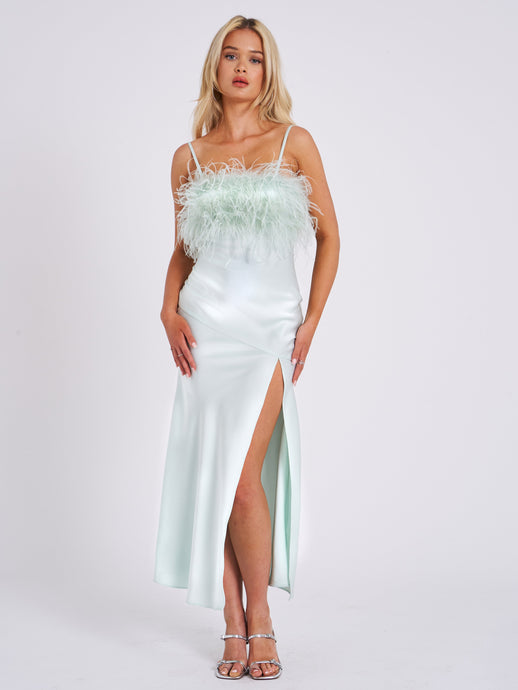 Yanira Mint Feather High Slit Satin Maxi Dress