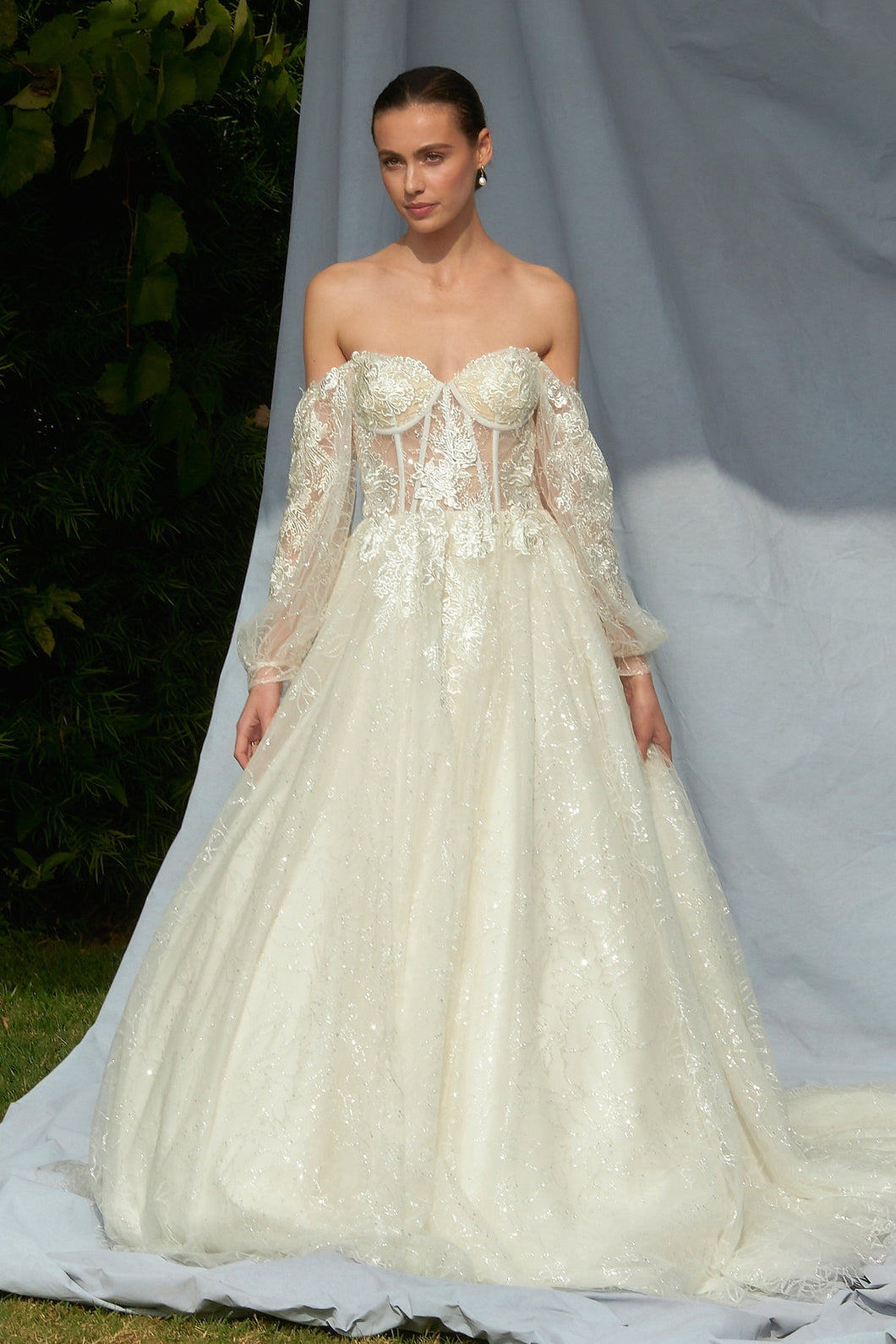 Off White Off Shoulder, Long Sleeve, Sweetheart Ball Gown