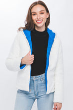Blue Reversible Faux Sherpa Fleece Puffer Hooded Jacket