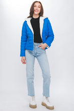 Blue Reversible Faux Sherpa Fleece Puffer Hooded Jacket