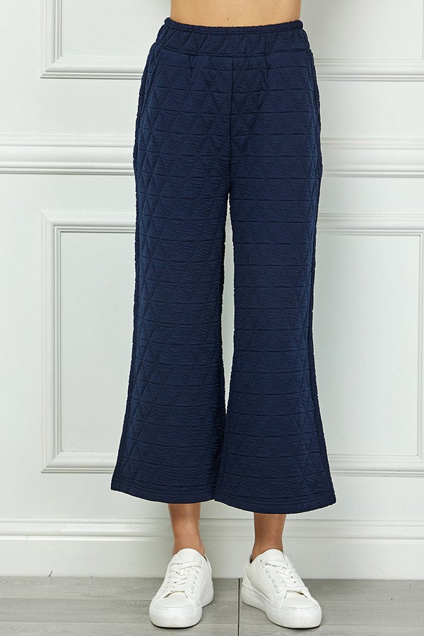 Navy Quilted Cropped Wide Pants