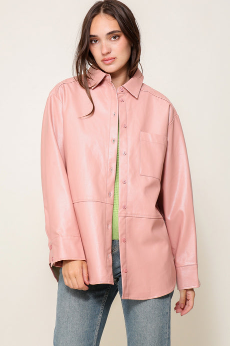 Pink Leather Button Down Shirt