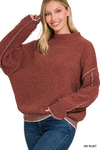 Dark Rust Oversized Mock Neck Raw Seam Chenille Sweater