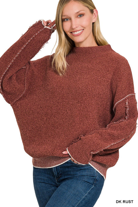 Dark Rust Oversized Mock Neck Raw Seam Chenille Sweater