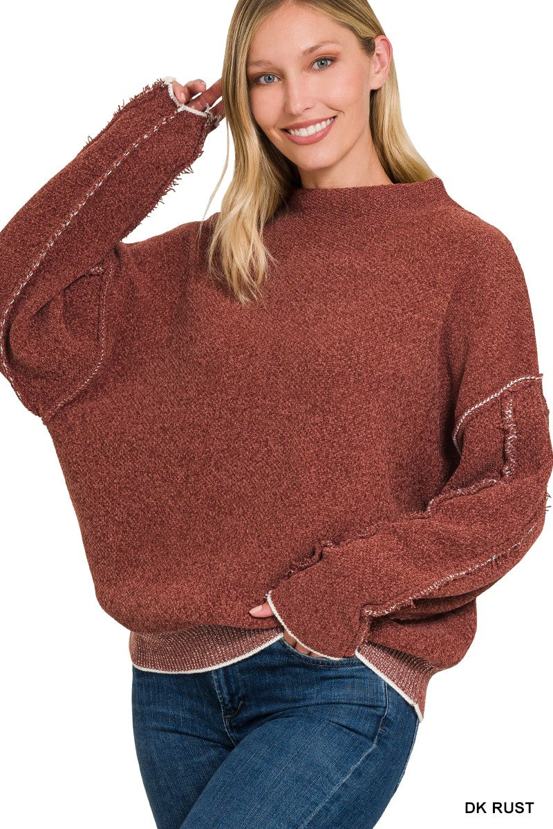 Dark Rust Oversized Mock Neck Raw Seam Chenille Sweater