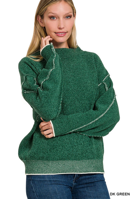 Dark Green Oversized Mock Neck Raw Seam Chenille Sweater