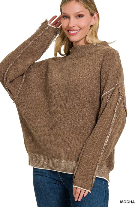 Mocha Oversized Mock Neck Raw Seam Chenille Sweater