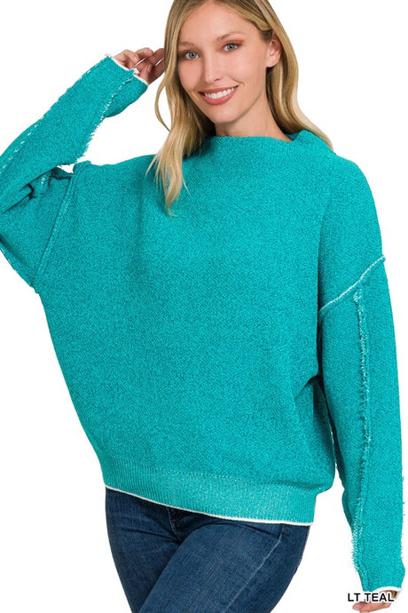 Teal Oversized Mock Neck Raw Seam Chenille Sweater