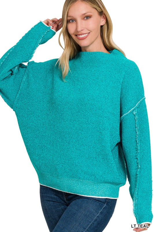 Teal Oversized Mock Neck Raw Seam Chenille Sweater