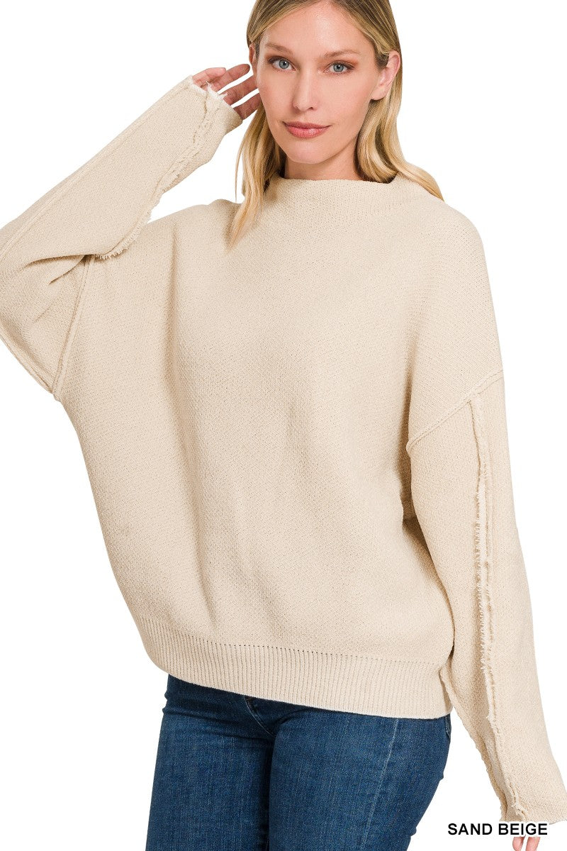 Sand Beige Oversized Mock Neck Raw Seam Chenille Sweater