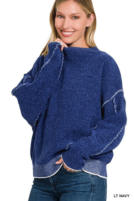 Navy Oversized Mock Neck Raw Seam Chenille Sweater