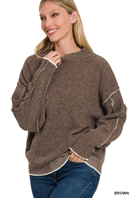 Brown Oversized Mock Neck Raw Seam Chenille Sweater