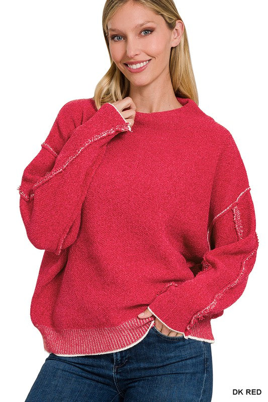 Red Oversized Mock Neck Raw Seam Chenille Sweater