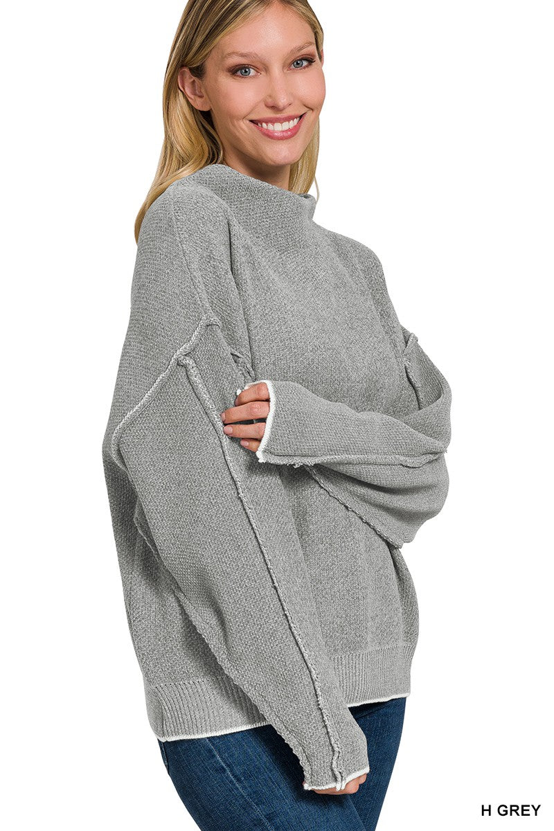 Grey Oversized Mock Neck Raw Seam Chenille Sweater