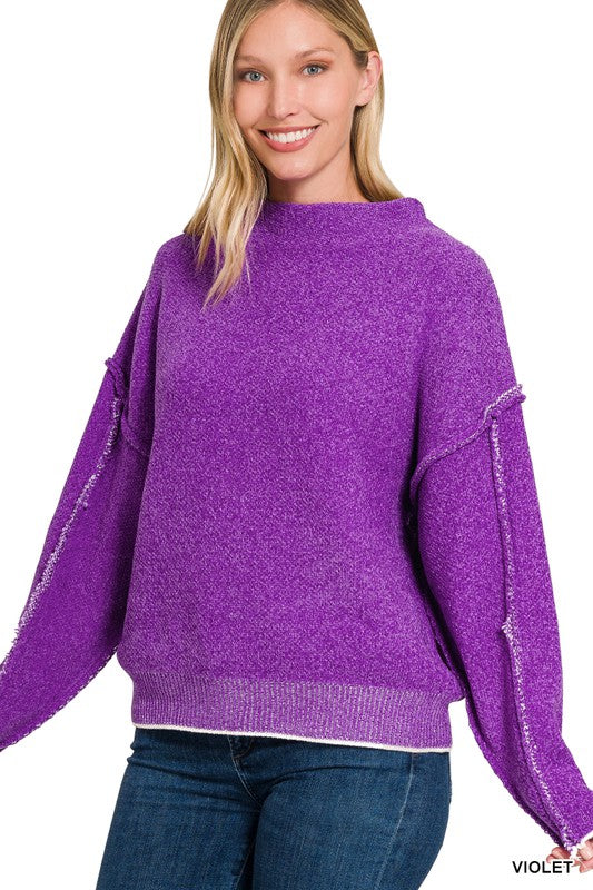 Violet Oversized Mock Neck Raw Seam Chenille Sweater