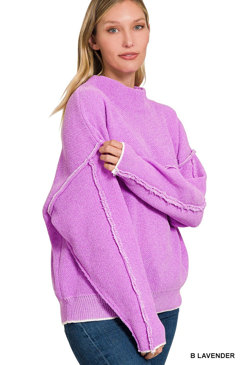 Lavender Oversized Mock Neck Raw Seam Chenille Sweater