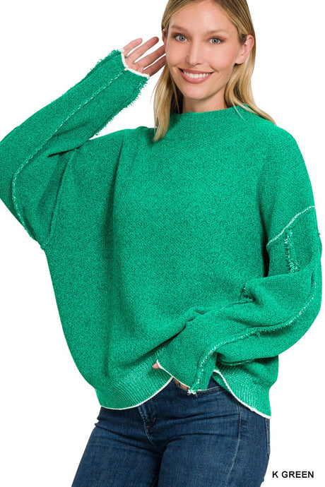Green Oversized Mock Neck Raw Seam Chenille Sweater
