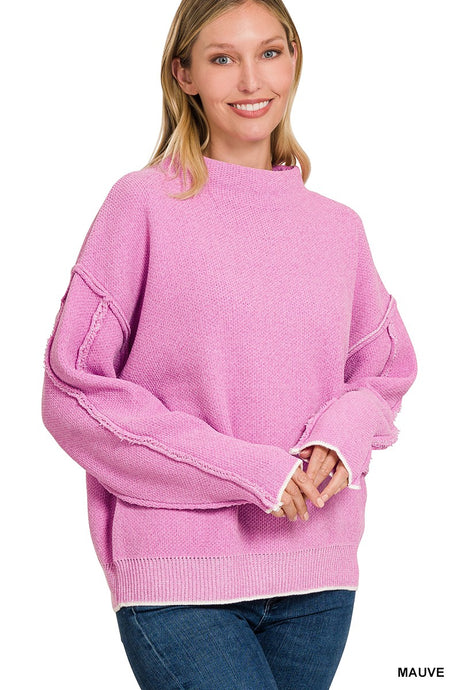 Mauve Oversized Mock Neck Raw Seam Chenille Sweater