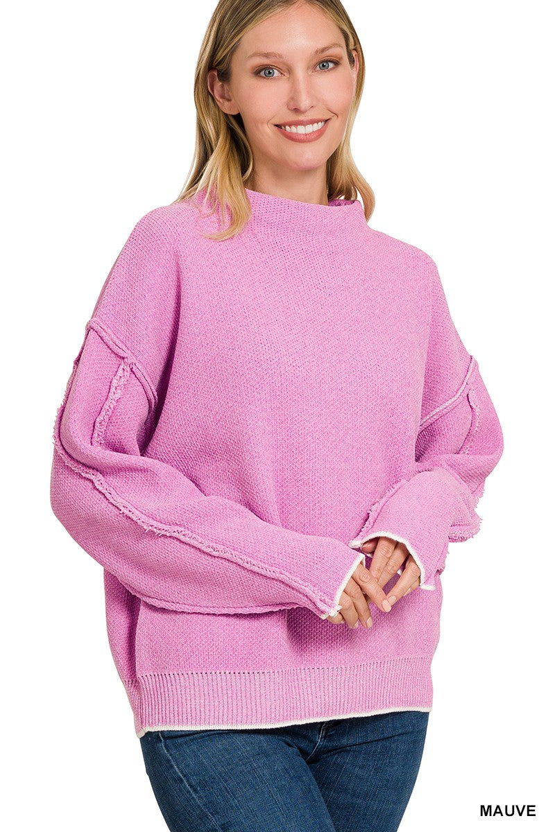 Mauve Oversized Mock Neck Raw Seam Chenille Sweater
