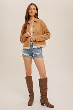 Camel Crochet Trim Blanket Stitched Suede Crop Jacket