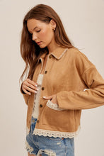 Camel Crochet Trim Blanket Stitched Suede Crop Jacket