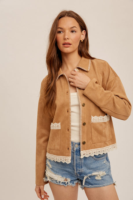 Camel Crochet Trim Blanket Stitched Suede Crop Jacket
