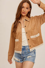 Camel Crochet Trim Blanket Stitched Suede Crop Jacket