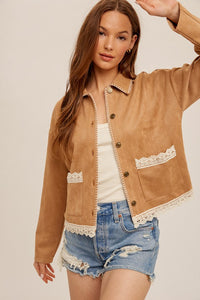 Camel Crochet Trim Blanket Stitched Suede Crop Jacket
