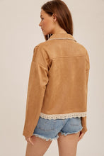 Camel Crochet Trim Blanket Stitched Suede Crop Jacket